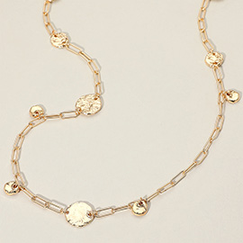 Hammered Metal Disc Link Paperclip Chain Long Necklace