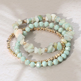 3PCS - Natural Stone Metal Faceted Beaded Stretch Multi Layered Bracelets