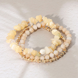 3PCS - Natural Stone Metal Faceted Beaded Stretch Multi Layered Bracelets