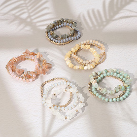3PCS - Natural Stone Metal Faceted Beaded Stretch Multi Layered Bracelets