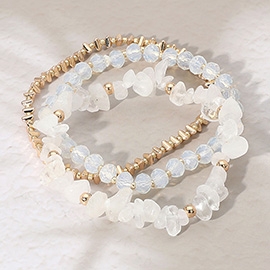 3PCS - Natural Stone Metal Faceted Beaded Stretch Multi Layered Bracelets