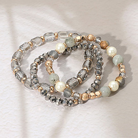 3PCS - Pearl Natural Stone Faceted Beaded Stretch Multi Layered Bracelets