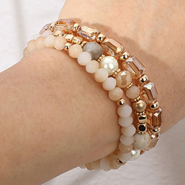 3PCS - Pearl Natural Stone Faceted Beaded Stretch Multi Layered Bracelets