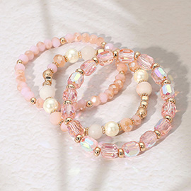 3PCS - Pearl Natural Stone Faceted Beaded Stretch Multi Layered Bracelets