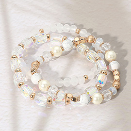 3PCS - Pearl Natural Stone Faceted Beaded Stretch Multi Layered Bracelets