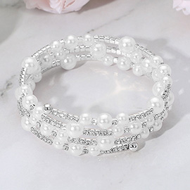 Stone Paved Pearl Embellished Adjustable Evening Bracelet