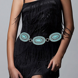Boho Vintage Western Oval Turquoise Stone Pointed Concho Chain Belt