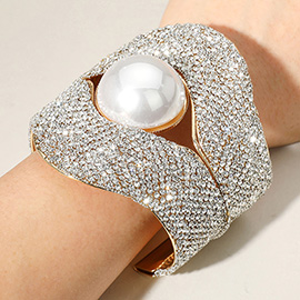 Pearl Pointed Stone Paved Wide Cuff Bracelet