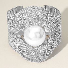 Pearl Pointed Stone Paved Wide Cuff Bracelet