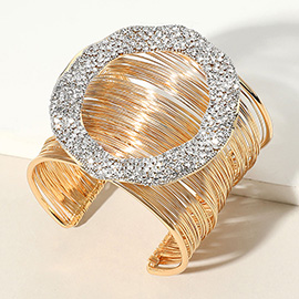 Stone Paved Oval Ring Pointed Metal Wire Wide Cuff Bracelet