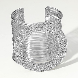Stone Paved Oval Ring Pointed Metal Wire Wide Cuff Bracelet