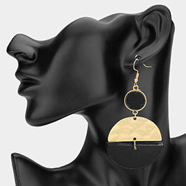 Geometric Hammered Metal Wooden Disc Dangle Earrings
