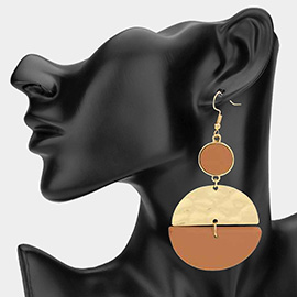 Geometric Hammered Metal Wooden Disc Dangle Earrings