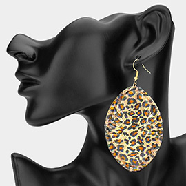 Leopard Printed Oversized Oval Plate Dangle Earrings