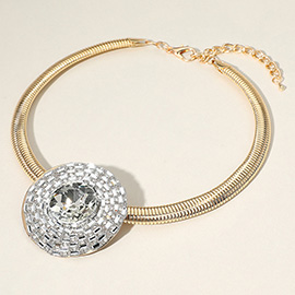 Round Glass Stone Pointed Pendant Ribbed Metal Statement Necklace