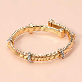 Stone Paved Bar Pointed Ribbed Metal Adjustable Bracelet