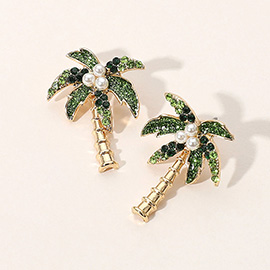 Pearl Pointed Stone Paved Palm Tree Earrings