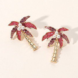 Pearl Pointed Stone Paved Palm Tree Earrings
