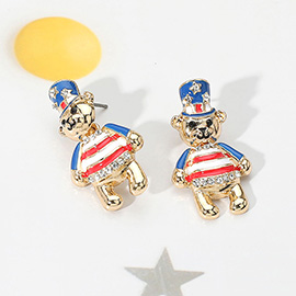 Enamel American USA Teddy Bear Dangle Earrings