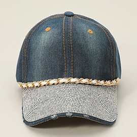 Chain Detail Bling Studded Brim Denim Vintage Baseball Cap