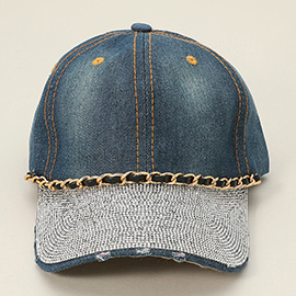 Chain Detail Bling Studded Brim Denim Vintage Baseball Cap