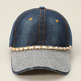 Chain Detail Bling Studded Brim Denim Vintage Baseball Cap