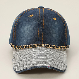 Chain Detail Bling Studded Brim Denim Vintage Baseball Cap