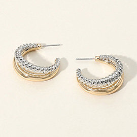 Two Tone Textured Metal Hoop Earrings