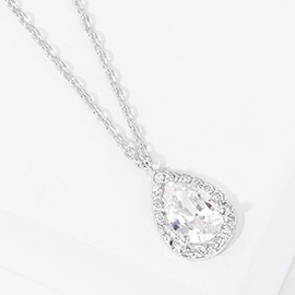 White Gold Dipped CZ Teardrop Pendant Necklace