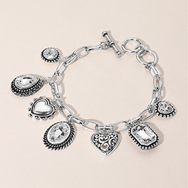 Teardrop Oval Round Stone Metal Heart Charm Station Toggle Bracelet