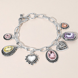 Teardrop Oval Round Stone Metal Heart Charm Station Toggle Bracelet