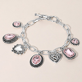 Teardrop Oval Round Stone Metal Heart Charm Station Toggle Bracelet