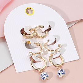 3Pairs - Metal Pearl Hoop Floral Ceramic Ball Huggie Earrings