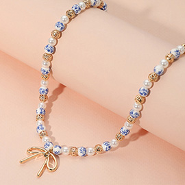 Metal Bow Pendant Ceramic Pearl Metal Ball Beaded Necklace
