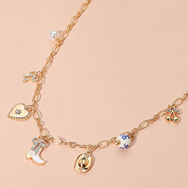 Enamel Bow Western Cowboy Boot Hat Heart Ceramic Ball Pearl Cherry Charm Station Necklace