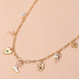 Enamel Bow Western Cowboy Boot Hat Heart Ceramic Ball Pearl Cherry Charm Station Necklace