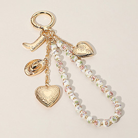 Metal Heart Locket Cowboy Boot Hat Charm Floral Ceramic Ball Beaded Wristlet Keychain / Bag Charm