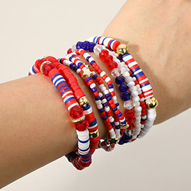 10PCS - American USA Star Beaded Stretch Multi Layered Bracelets