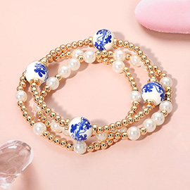 3PCS - Pearl Ceramic Metal Ball Beaded Stretch Multi Layered Bracelets