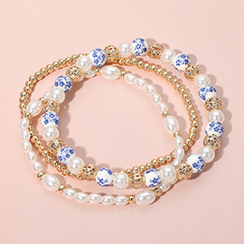 3PCS - Pearl Ceramic Metal Ball Beaded Stretch Multi Layered Bracelets