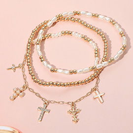 3PCS - Various Cross Charm Beaded Stretch Multi Layered Bracelets