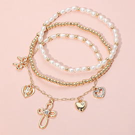3PCS - Metal Bow Cross Pearl Heart Charm Beaded Stretch Multi Layered Bracelets