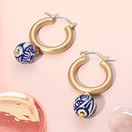 Gold Dipped Ceramic Ball Dangle Pin Catch Hoop Earrings