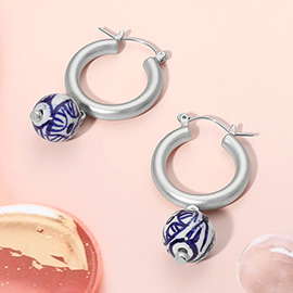 Silver Dipped Ceramic Ball Dangle Pin Catch Hoop Earrings