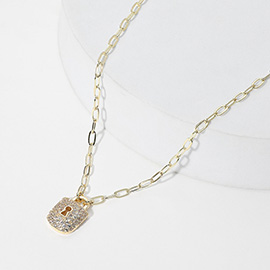 14K Gold Plated CZ Stone Paved Lock Pendant Paperclip Chain Necklace