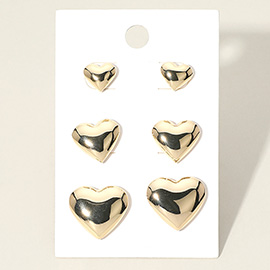 3Pairs - Metal Heart Stud Earring Set