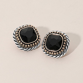 Bold Square Stone Centered Two Tone Metal Sud Earrings