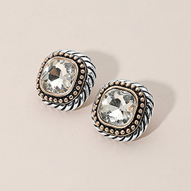 Bold Square Stone Centered Two Tone Metal Sud Earrings