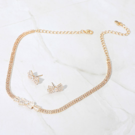 CZ Bow Stone Pointed Rhinestone Paved Evening Choker Necklace