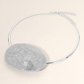 Stone Paved Oval Dome Pendant Pointed Choker Necklace